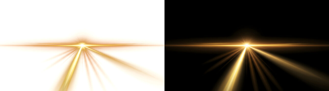 Horizon Flare glowing golden star with horizontal light streak stretching across black background including PNG, Transparent and Black Background Versions for cinematic designs