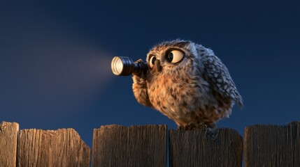 Fototapeta premium Cute small owl standing on wooden fence holding flashlight shining light in dark night with curious expression and big eyes looking around