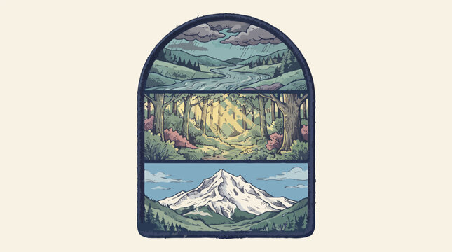 Artistic vector illustration featuring a triple landscape scene with mountains a lush forest and a river under moody skies