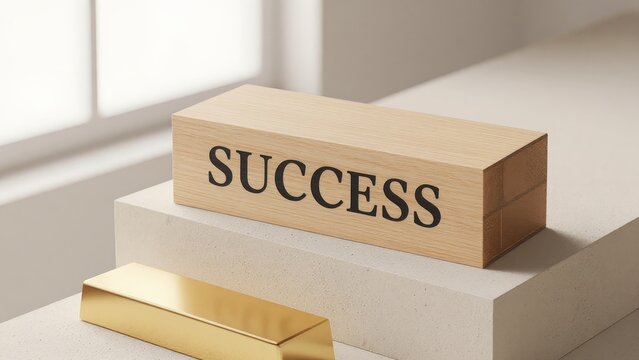 Inspirational Wooden Block with Success Inscription on Minimalist Table