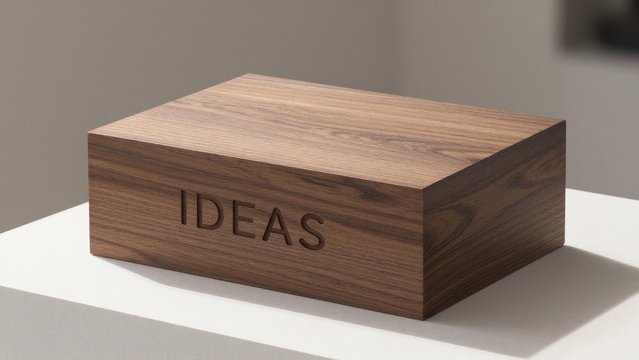 Wooden Box with Engraved Ideas Concept for Creativity and Innovation