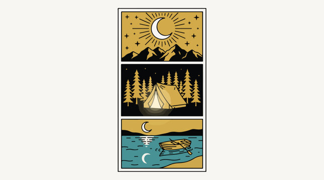 Minimalist vector illustration showing camping scenes with mountains a forest tent and a lonely boat upon the night water