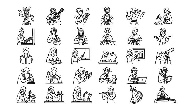 Traditional women performing arts science education outline vector icon collection