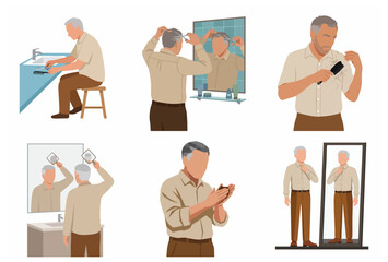 Fototapeta premium Middle-aged man grooming and cutting hair at home vector illustration set