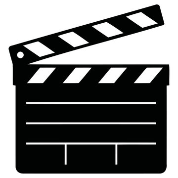 Detailed black and white vector illustration of a professional film clapperboard used in movie production to synchronize sound and image during video shoots