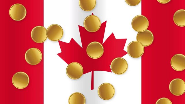 Gold Coins Falling Over Waving National Flag of Canada