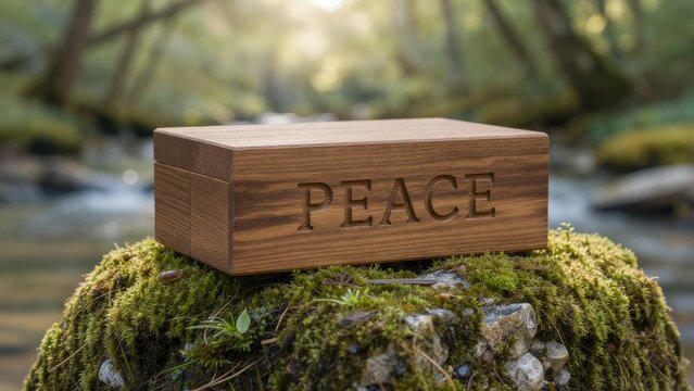Peace Box on Mossy Rock by Tranquil Stream in Natural Setting