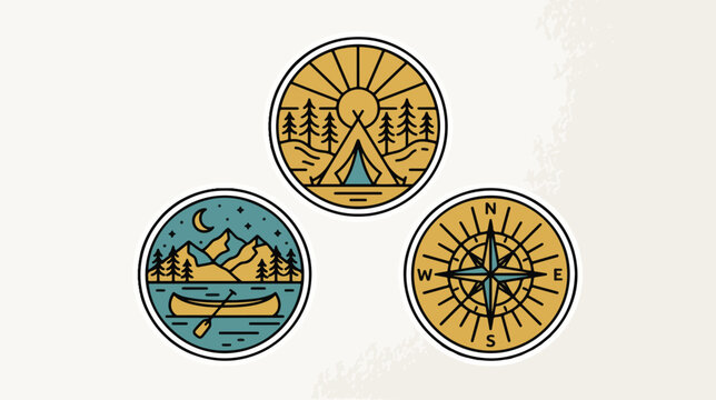 Vintage style outdoor adventure badges featuring hand drawn vector illustrations of a camping tent forest mountains canoe and navigation compass