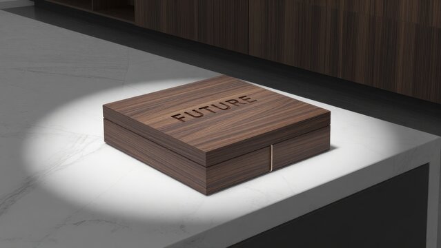 Wooden Box with Engraved "Future" Text on Modern Kitchen Countertop