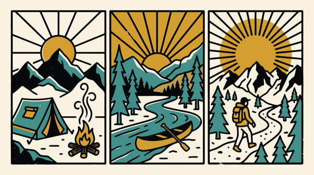 Vintage outdoor adventure vector illustration featuring camping scenes with mountains pine trees rivers hiking trails and warm radiant golden suns