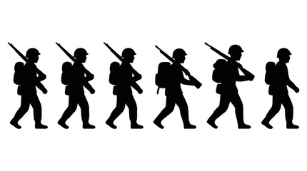 Obraz premium Silhouette vector illustration showing a regiment of brave soldiers walking together in a line while carrying their military rifles during a combat mission