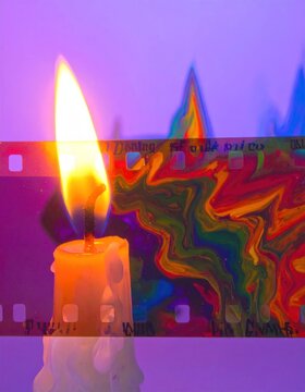 Burning candle with vintage 35mm film strip textures.