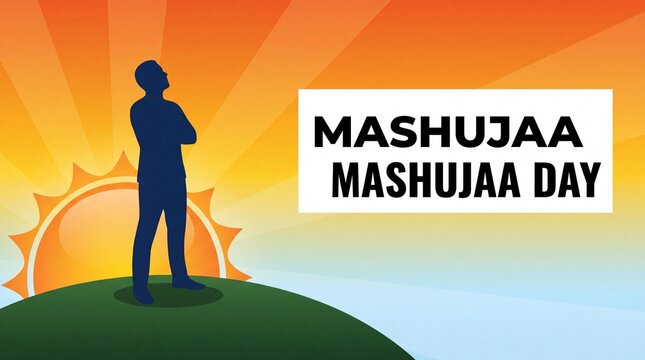 Mashujaa Day celebration with silhouette of person standing against vibrant orange and blue sky. Mashujaa Day honors heroes, featuring inspiring sunrise over landscape