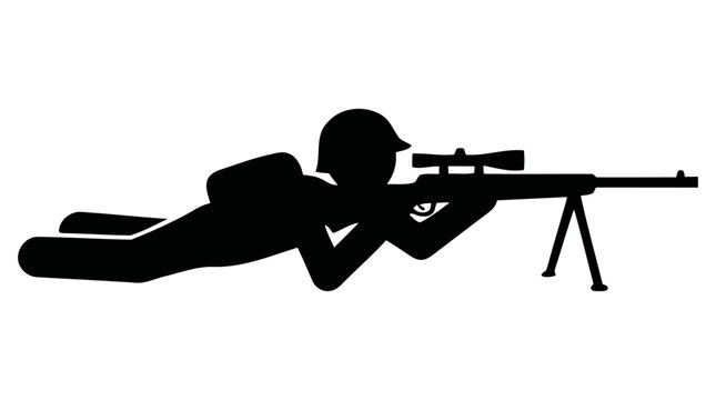 A vector graphic illustration of a soldier aiming a sniper rifle from a prone position with a tripod