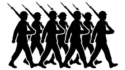 Obraz premium Detailed vector illustration of a squad of soldiers marching in a synchronized line while carrying their long rifles across their sturdy shoulders today