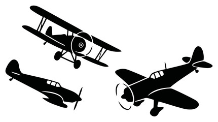 Vintage airplane vector graphic illustration featuring a biplane and two single-wing aircraft in flight formation © Vectscape