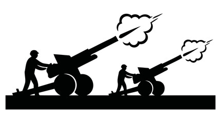 Obraz premium Silhouette vector illustration of soldiers firing large artillery cannons with smoke clouds emanating from the barrels during wartime action