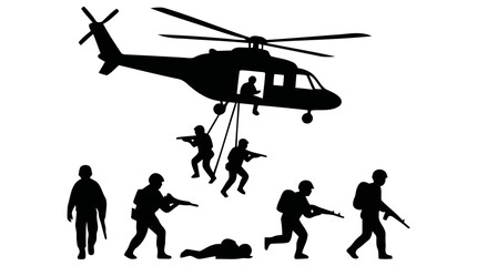 Obraz premium Detailed vector illustration featuring armed soldiers deployed from a military helicopter and infantry men in combat formation on the ground during intense operations