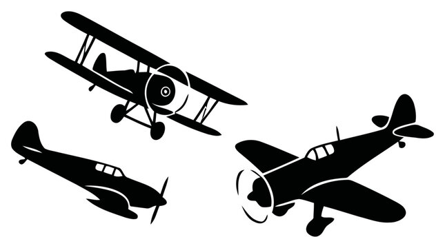 Vintage airplane vector graphic illustration featuring a biplane and two single-wing aircraft in flight formation