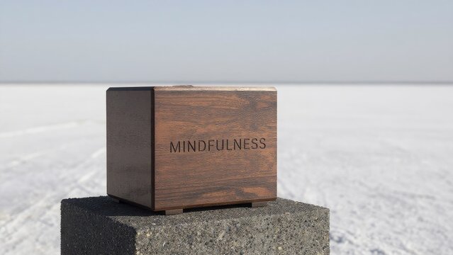 Mindfulness Wooden Box on Stone Stand Against Minimal Landscape