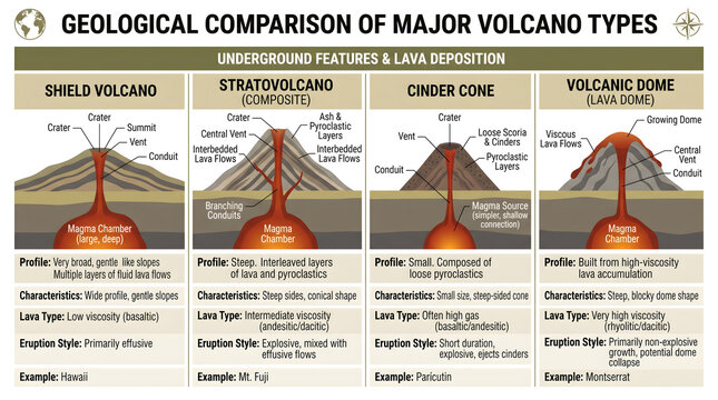 Volcano comparison chart details the structural differences between shield volcanoes, stratovolcanoes, cinder cones, and lava domes with cross-sectional views of magma chambers.