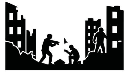 Obraz premium Silhouette vector illustration of soldiers engaged in a combat mission within a destroyed urban city environment showing tactical military forces during intense conflict