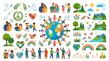 Fototapeta premium Diverse global community holding hands around globe with nature elements peace doves with collection colorful vector