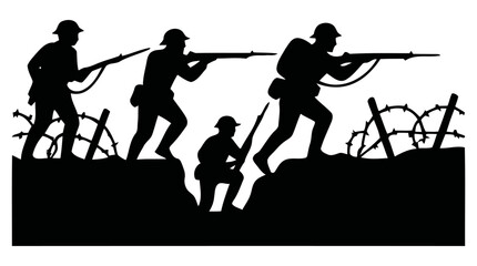 Obraz premium Silhouette vector illustration showing a group of brave soldiers charging forward with rifles across a dangerous battlefield during an intense military wartime conflict