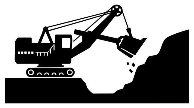 Heavy duty industrial dragline excavator illustration in silhouette digging into a mound of earth and rocks for construction work