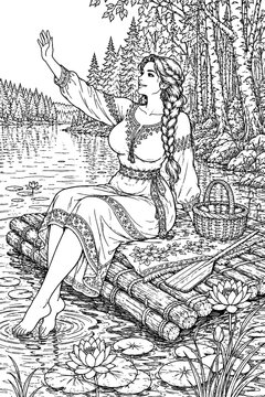 A joyful adult woman waves from a small wooden raft while dipping her feet into clear water, surrounded by blooming lilies, reeds, and peaceful evergreen forest.