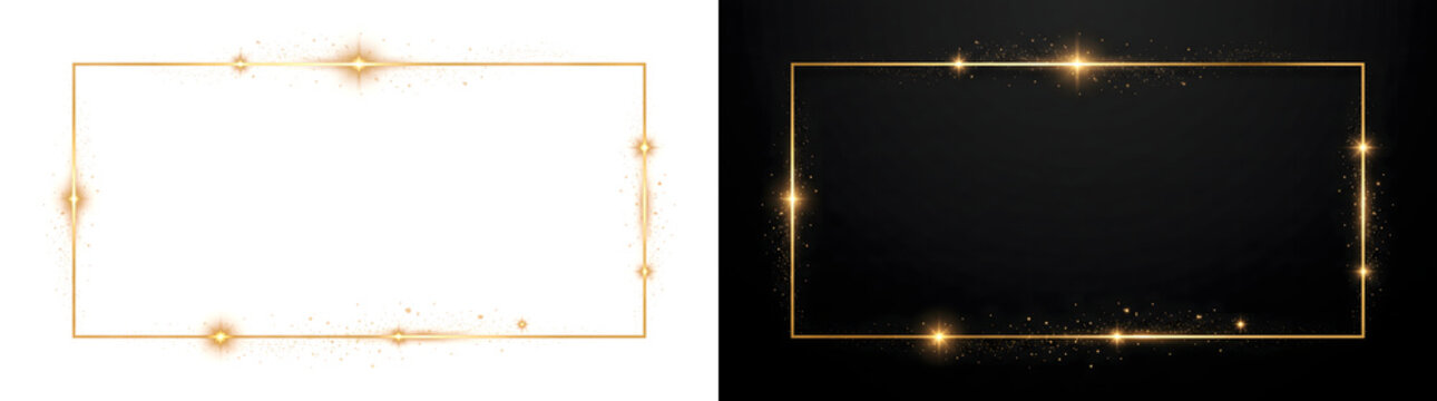 Golden Frame glowing rectangular border with sparkling star accents on black background including PNG, Transparent and Black Background Versions for elegant designs
