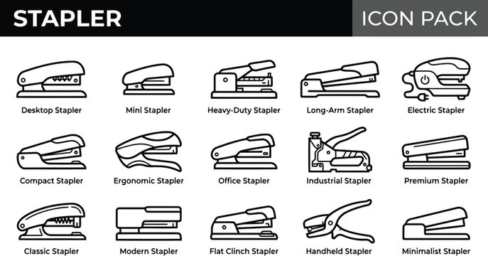 Stapler icon set. Collection of office stationery and binding equipment line art symbols.