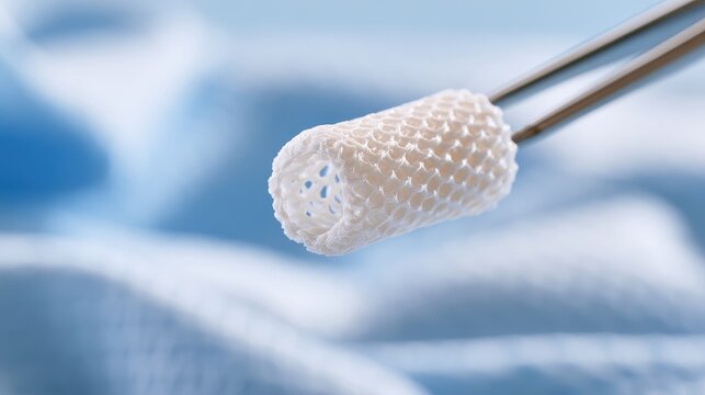 A medical professional holds a white vascular graft implant with surgical tweezers in a sterile environment. Perfect for surgical and cardiovascular medical device concepts.