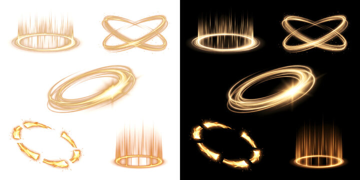 Golden Ring Effects glowing halo orbit and flame trail design collection isolated on black background including PNG, Transparent and Black Background Versions for mystical designs