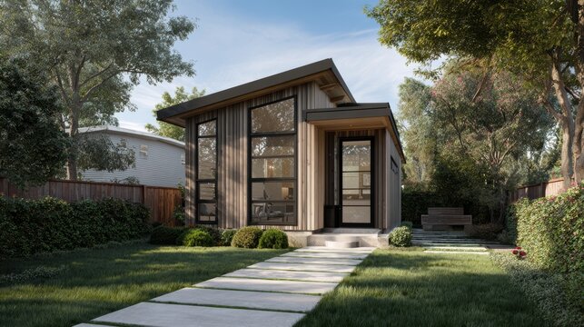 Scandinavian ADU Modern small house with large windows and a pathway surrounded by greenery and trees in a suburban backyard.