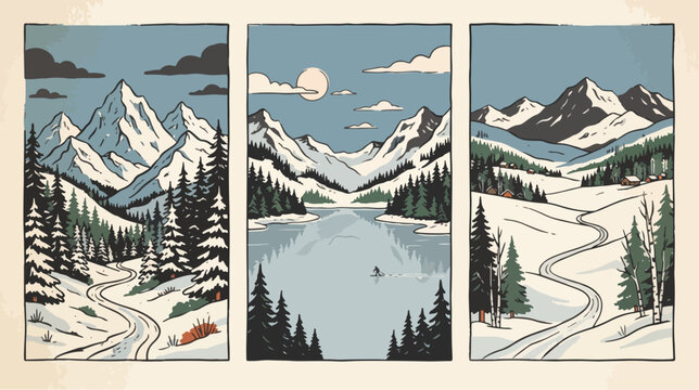 Winter mountain landscape triptych illustration featuring snow covered peaks pine forests winding roads and a serene frozen lake outdoor scene