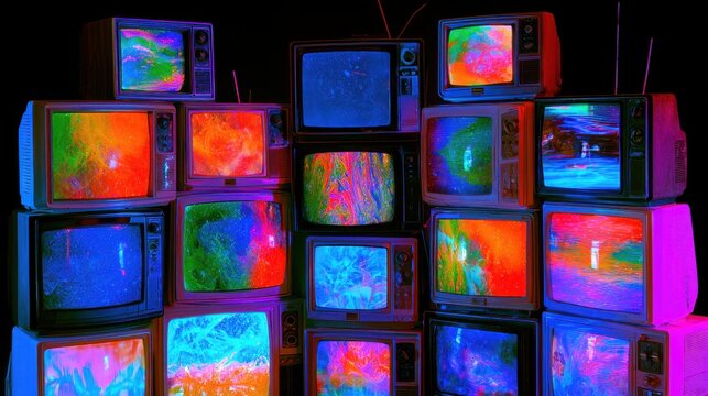 Vintage analog television set collection displaying vibrant colorful static screen art with glitch effect in dark background for retro digital aesthetics