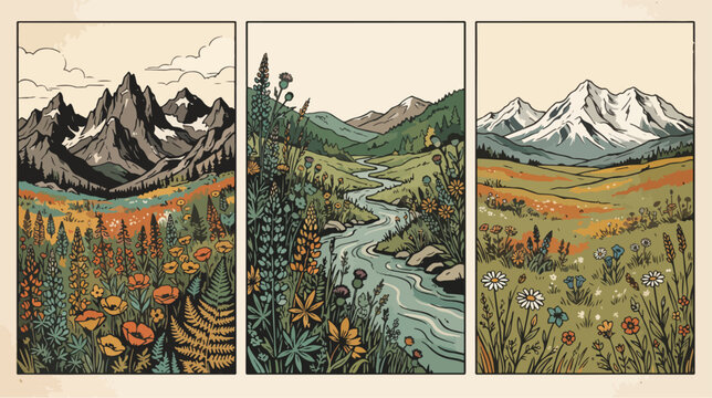 Decorative triptych vector illustration featuring majestic mountain ranges blooming flower meadows and peaceful winding river streams in vintage artistic style