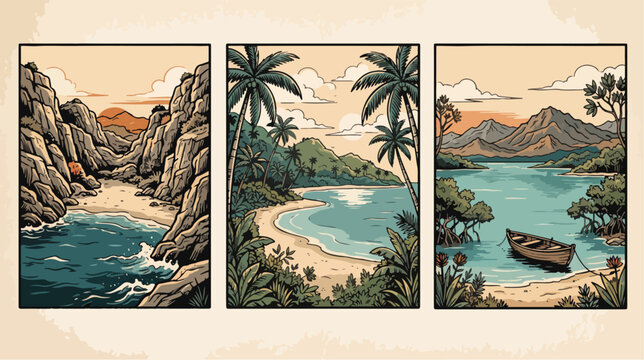 Three panels featuring coastal landscape vector illustrations with tropical palm trees rugged rock cliffs and serene mountain lake water scenery
