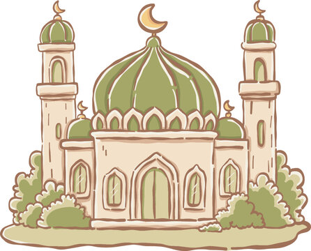 Cute pastel mosque building with green dome vector illustration isolated for Islamic festival design