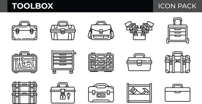 Toolbox icon set. Collection of construction equipment and hardware storage symbols.