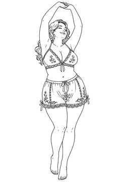 A relaxed curvy young woman stretches overhead in embroidered two-piece loungewear, captured as graceful black-and-white fashion line art for comfort, wellness, and apparel themes.