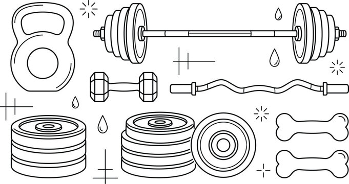 Fitness gym workout equipment set icon collection vector illustrations including barbells dumbbells kettlebell weights and simple linear body-building elements