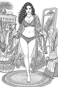 A confident woman models floral sleepwear in a stylish dressing room, framed by garments, mirrors, woven baskets, and tropical leaves in a bold monochrome coloring illustration.