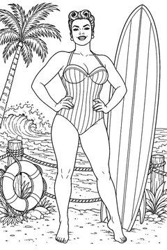 A strong vintage-inspired woman poses confidently beside a tall surfboard and safety gear, with crashing waves and palms framing an adventurous retro seaside setting.