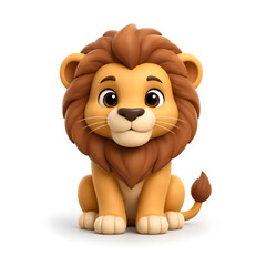 Fototapeta premium Cute 3D Cartoon Lion Cub with Fluffy Brown Mane Sitting on White Background for Children's Content and Animal Character Design