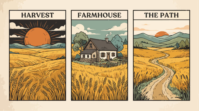 Triptych vector graphic illustration showcasing autumn harvest wheat fields rustic farmhouse cottage and winding mountain path at warm golden sunset