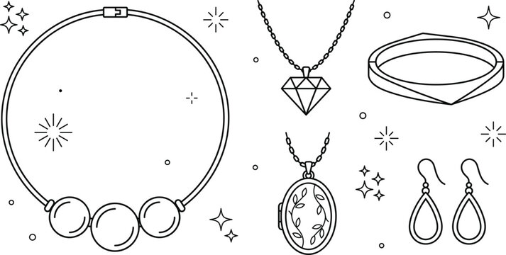 Jewelry vector icon set featuring luxury necklace diamond pendant vintage locket elegant bracelet and earrings with sparkle elements