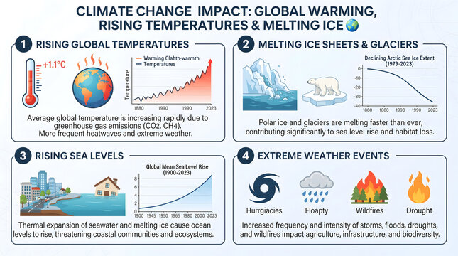 Infographic displaying climate change impacts features colorful charts, melting ice visuals, and extreme weather icons to explain global warming.