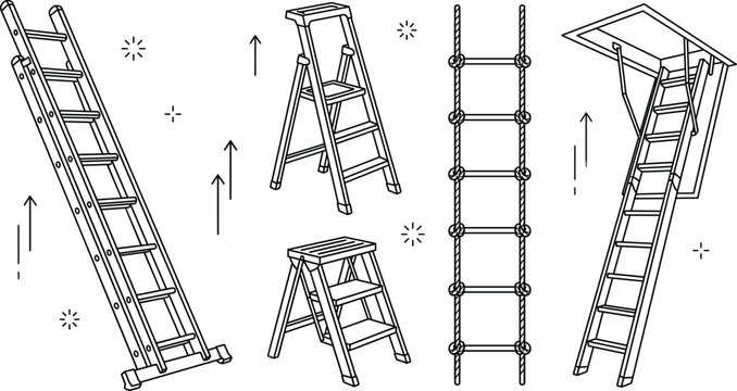 Ladder vector line art set with extension stepladder rope ladder attic stairs construction equipment tools outline illustration